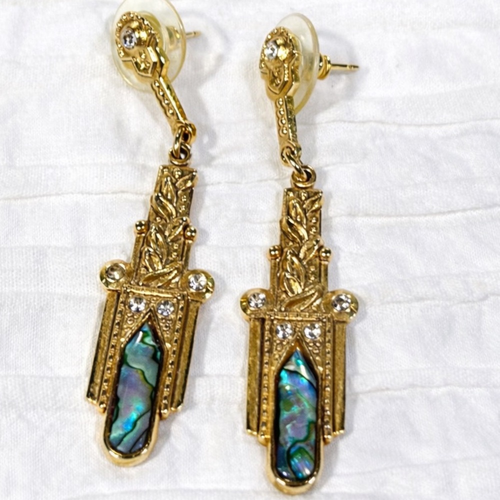 Avon earrings drop Gold  Abalone Drop Earrings green gold vintage green‎ stone